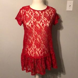Mom & Co. Red Short Sleeve Lace Top With Ruffle Bottom